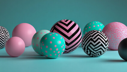 A vibrant collection of uniquely patterned and solid colored easter eggs arranged on a teal background
