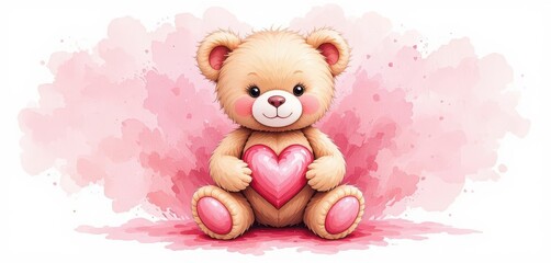 Obraz premium Watercolor Style Teddy Bear with a Pink Heart on a Washed Pink Canvas