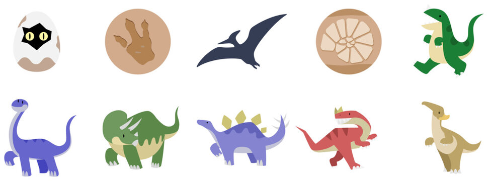 Set of ten dinosaur cartoon icons, including egg, footprint, pterosaur, ammonite
恐竜のカートゥーンアイコン10点、卵、足跡、翼竜、アンモナイト