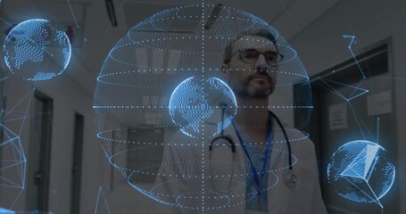 Doctor upon pausing gaze in hospital corridor, floating 3D globe data emerging around stethoscope - Powered by Adobe