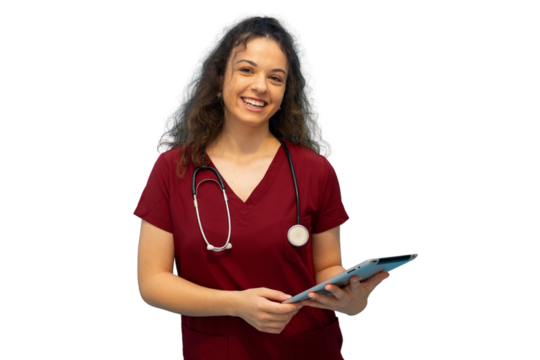 Young female doctor wearing burgundy scrubs and stethoscope smiling and holding tablet on transparent background