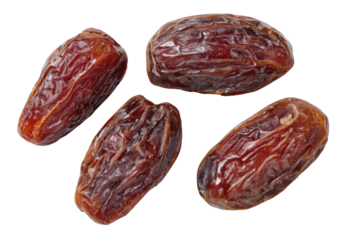 Four dried dates arranged, top view.  Dark-reddish brown, oblong, textured