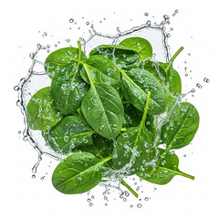 Fresh spinach leaves splashing in crystal clear water with dynamic droplets and bubbles creating a vibrant health-focused composition.