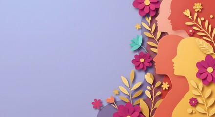 International Women's Day with Diverse Female Silhouettes and Paper Flowers on Purple
