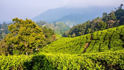 Lush tea plantation hillside panorama