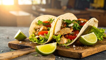 Two chicken tacos on a wooden board, vibrant colors, appetizing