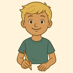 Cartoon blonde boy student writing with pencil illustration