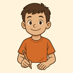 Cartoon boy student with dark hair writing with pencil illustration
