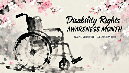 Ink wheelchair and cherry blossom elements, integration of art and culture in disability rights promotion, scenes of disability rights awareness month promotion from November 3rd to December 3rd.
