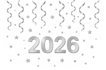 Silver 2026 sign celebrating new year with serpentine streamers and stars on transparent background