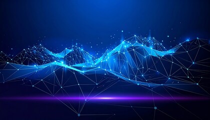 A glowing, digital mountain range rendered in blue lines and nodes against a dark, gradient background