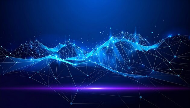 A glowing, digital mountain range rendered in blue lines and nodes against a dark, gradient background - Powered by Adobe