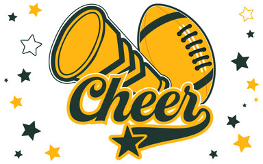 Cheerleader Megaphone, a Football and the word CHEER. Green Bay Cheerleading illustration.