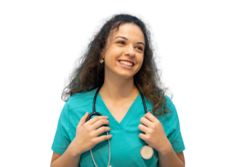 Young female doctor smiling and wearing stethoscope, isolated on transparent background, ideal for healthcare and medical themes
