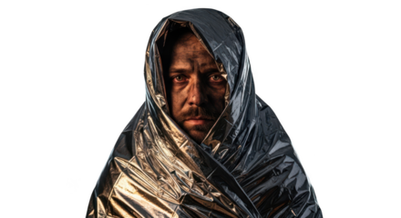 A resilient man with a dirt-covered face wrapped in a silver emergency blanket, staring intensely as a symbol of survival and hardship