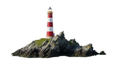 Red and white striped lighthouse standing tall on a rugged rocky island, isolated on a white background, symbolizing guidance and safety