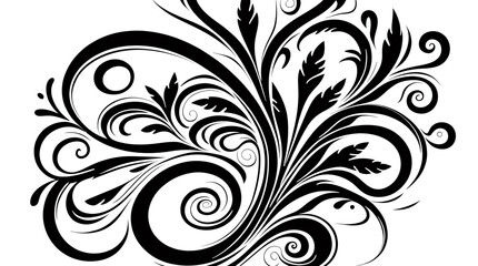 An elegant black and white decorative flourish with intricate swirling patterns, ideal for graphic design elements and ornamental accents.