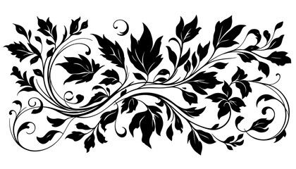 A beautifully intricate black floral vector flourish, featuring elegant swirling leaves and ornate botanical elements, ideal for various design projects.