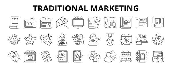 30 Traditional Marketing Line Icons Vector - Print Ads, Newspaper Ads, Sponsorship, Telemarketing, Event Marketing, Free Sample, Face to Face Meeting