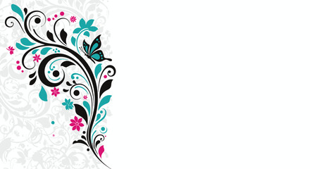 Decorative floral flourish with elegant swirling patterns and butterfly accents, ideal for graphic design elements and invitations.