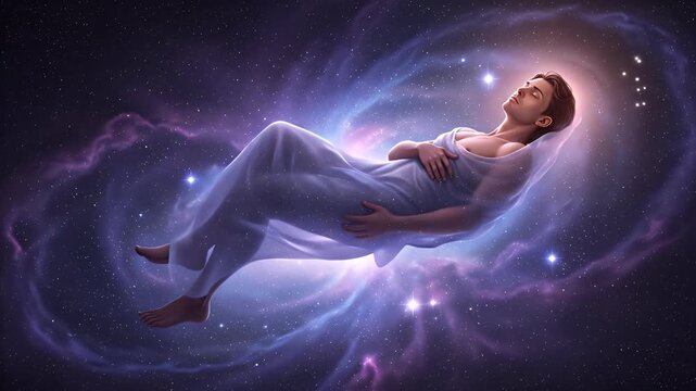 A person peacefully floating in deep space meditating inside a glowing cosmic nebula.