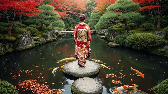 A woman in a red kimono stands in a tranquil Japanese garden with koi fish during autumn.