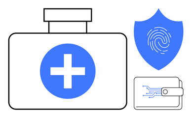 Obraz premium First aid kit with cross, shield with fingerprint symbol, and digital wallet. Ideal for healthcare, medical technology, digital security, data protection, payment systems, innovation simple flat