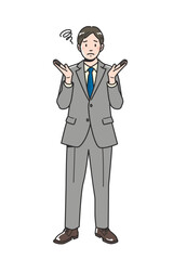 Japanese Businessperson in Suit – Confused Pose with Raised Hands, Full Body