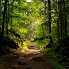 Sunlit forest path through lush greenery