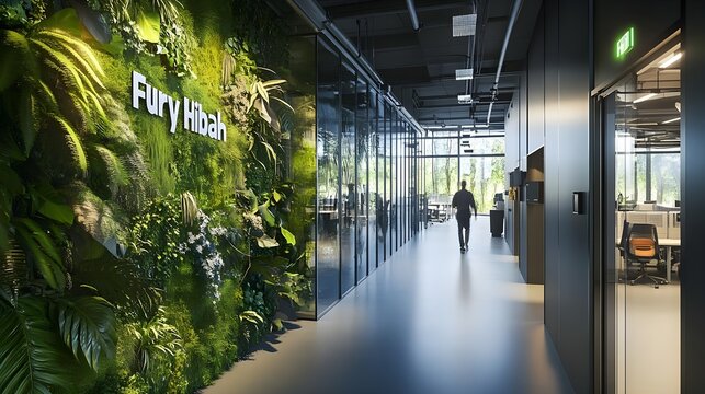 Modern Office Corridor with Living Wall and "Fury Hibah" Sign