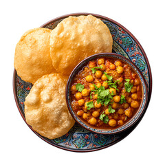 Chole bhature served on a decorative plate, top view, studio shot.
