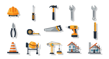 Collection of Flat-Style Construction Tools and Equipment Icons.