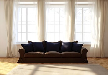 Fototapeta premium Modern Brown Sofa with Blue Pillows in Sunny Living Room
