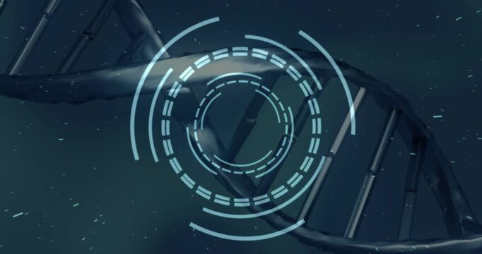 Upon load, 3D DNA helix entering frame rotating while scanning rings pulsing, visualizing gene data