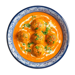 Malai Kofta served in a decorative bowl, top view, garnished with fresh parsley and cream swirls.
