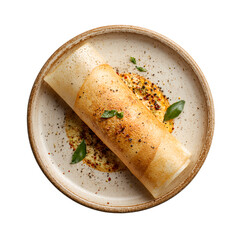 Masala dosa rolled and served on a ceramic plate with chutney and garnished with mint leaves, top view composition.
