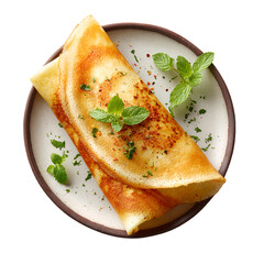Masala dosa on a ceramic plate, garnished with mint leaves and spices, top view, studio lighting
