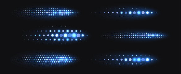 Blue halftone shapes, glowing dynamic elements made from sparkling dots. Glowing vector illustration with spray effect. © Likanaris