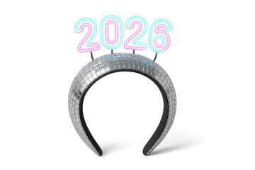 Silver disco headband with 2026 neon sign celebrating new year's eve on transparent background