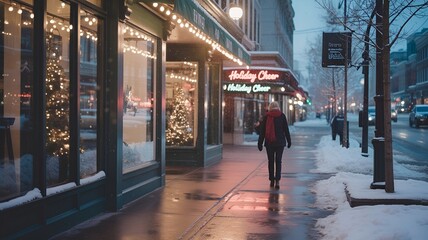 Obraz premium A person walks alone along a snow-covered street during a winter evening, with decorated storefronts.