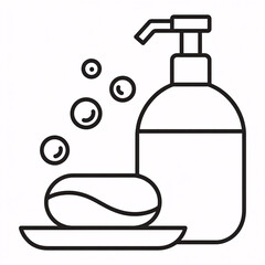 Obraz premium Line art illustration of liquid soap dispenser, bar of soap on a dish, and bubbles, isolated on white background