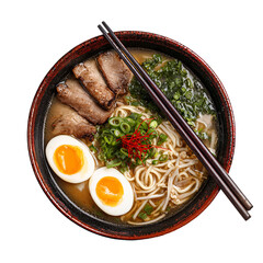 A bowl of ramen with sliced pork, soft-boiled eggs, green onions, and seaweed, viewed from directly above.

