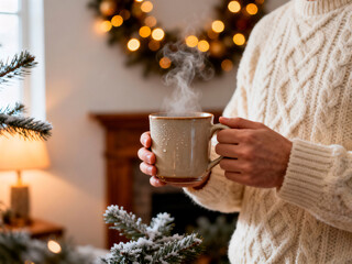 Person in cable-knit sweater holding steaming mug at holiday home.