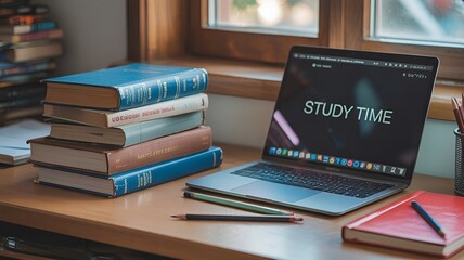 Cozy study area with books and a laptop.