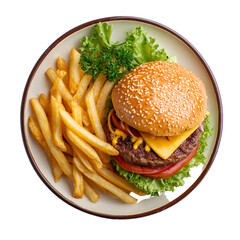 Classic burger with cheese and french fries on a ceramic plate, top view, studio lighting

