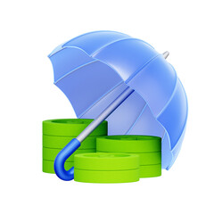 3D icon of an umbrella protecting stacks of coins For financial risk management, investment protection, wealth security, insurance coverage.