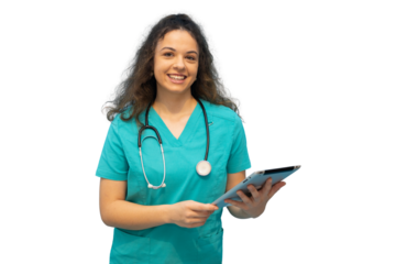 Smiling female doctor wearing scrubs and stethoscope using digital tablet with transparent background