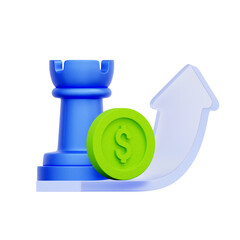 3D icon of a chess rook with a dollar coin and an upward arrow For strategic growth, investment success, financial planning, business expansion.