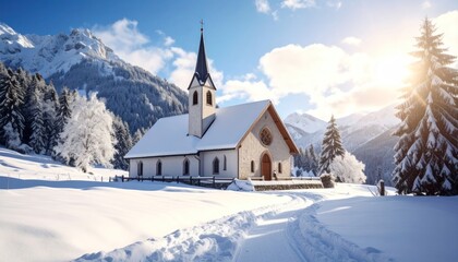 Snowy mountain church scenic landscape