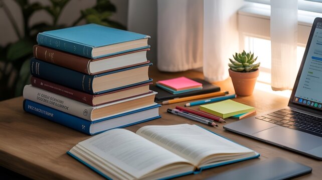 A cozy workspace setup with a stack of books and a laptop.